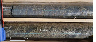 Figure 4. Semi-massive chalcopyrite and pyrrhotite in drill hole KJ-004, Guldalsgruva sector. Upper core interval (8.25-9.5m) returned 1.3% Cu, lower core interval (9.5-9.9m) returned 5.3% Cu. (CNW Group/Capella Minerals Limited)