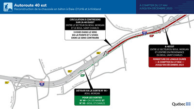 Autoroute 40 à Baie-D’Urfé et à Kirkland - Mise en place d’une circulation à contresens à compter du 27 mai 2023 (Groupe CNW/Ministère des Transports et de la Mobilité durable)