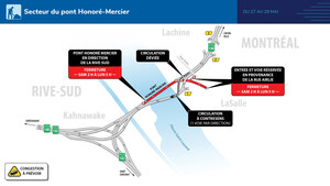 Route 138 entre Kahnawake et Montréal (arrondissement de LaSalle) - Une voie ouverte par direction sur le pont Honoré-Mercier du 27 au 29 mai prochains