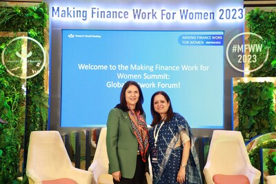Mary Ellen Iskenderian, President and CEO (L) and Kalpana Ajayan, Regional Head- S Asia (R) of Womenâ€™s World Banking from the Making Finance Work for Women 2023 Summit in Mumbai.