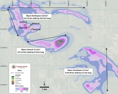 Figure 1. Plan View of Mann zones with ongoing drilling in Northwest area (CNW Group/Canada Nickel Company Inc.)