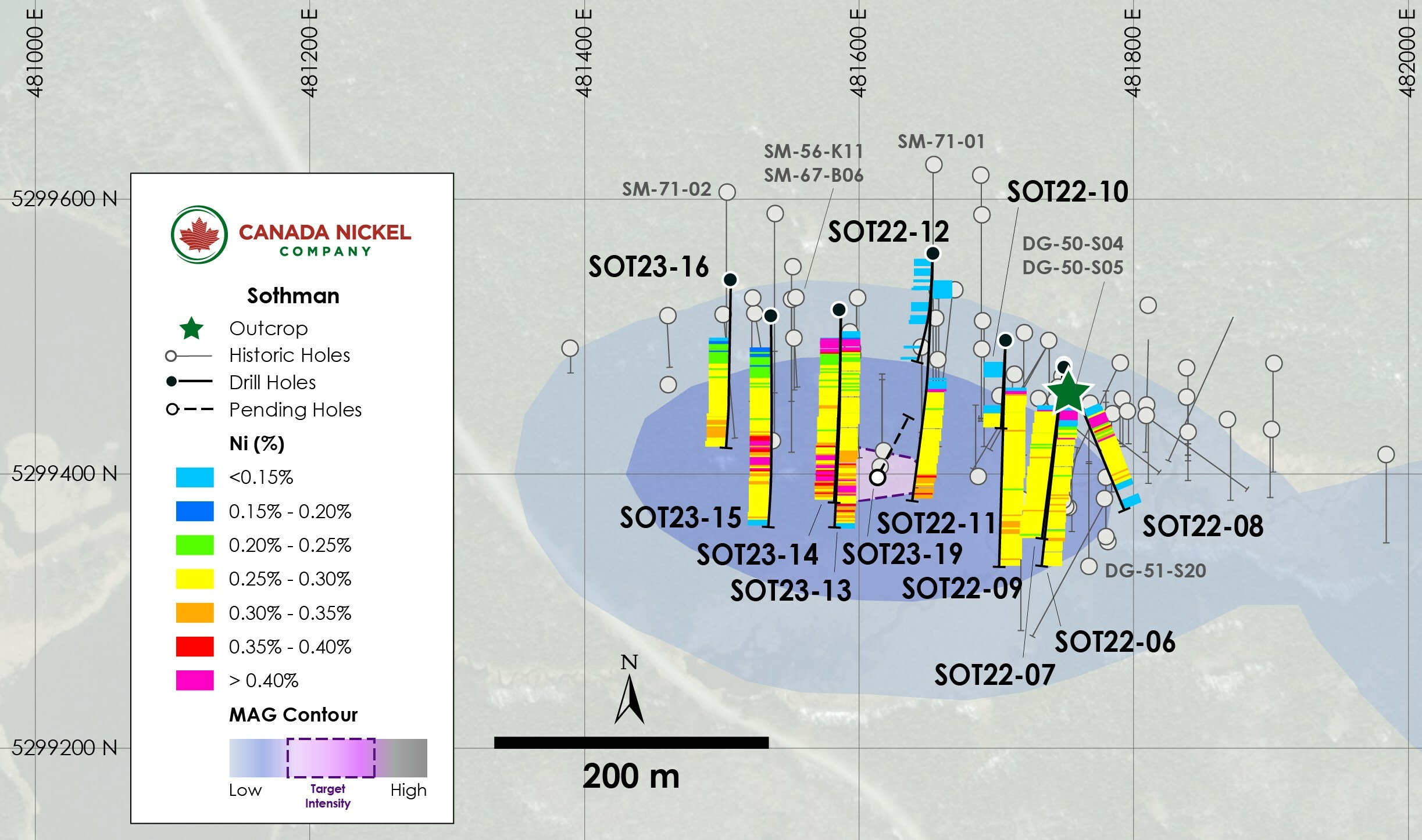 Figure 4. Sothman 2022 West zone, drilling with assays (CNW Group/Canada Nickel Company Inc.)