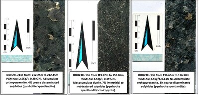 Figure 2: Core Photos from Central Sector drilling (DDH23LU135 and 136), with PGM+Au and magmatic nickel sulphide mineralization. (CNW Group/Bravo Mining Corp.)