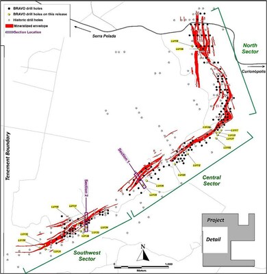 Figure 5: Location of Bravo Drilling and Sections Reported in this News Release (CNW Group/Bravo Mining Corp.)