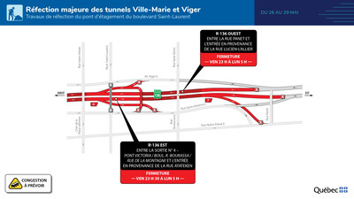 Réfection majeure des tunnels Ville-Marie et Viger - Fermeture complète de la route 136 et de bretelles de l'échangeur Turcot durant la fin de semaine du 26 mai 2023