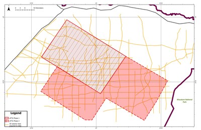 Fig 2: Hatched area shows the Phase 1 eFTG survey (2184 km2, 540,000 acres) and the solid red area is the Phase 2 program (2814 km2, 695,000 acres). (CNW Group/Reconnaissance Energy Africa Ltd.)