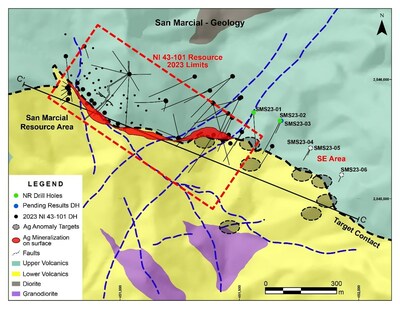 Figure 1:  San Marcial SE Area Step Out Drilling Program - Location of 2023 Drill Holes (CNW Group/GR Silver Mining Ltd.)