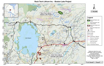 Map shows  Rock Tech’s Georgia Lake Project and the Boston Lake Claims in the Thunder Bay Mining District of Ontario.

Rock Tech Options Additional Property in Thunder Bay Mining District and Appoints Strategic Advisor for Georgia Lake Project (CNW Group/Rock Tech Lithium Inc.)