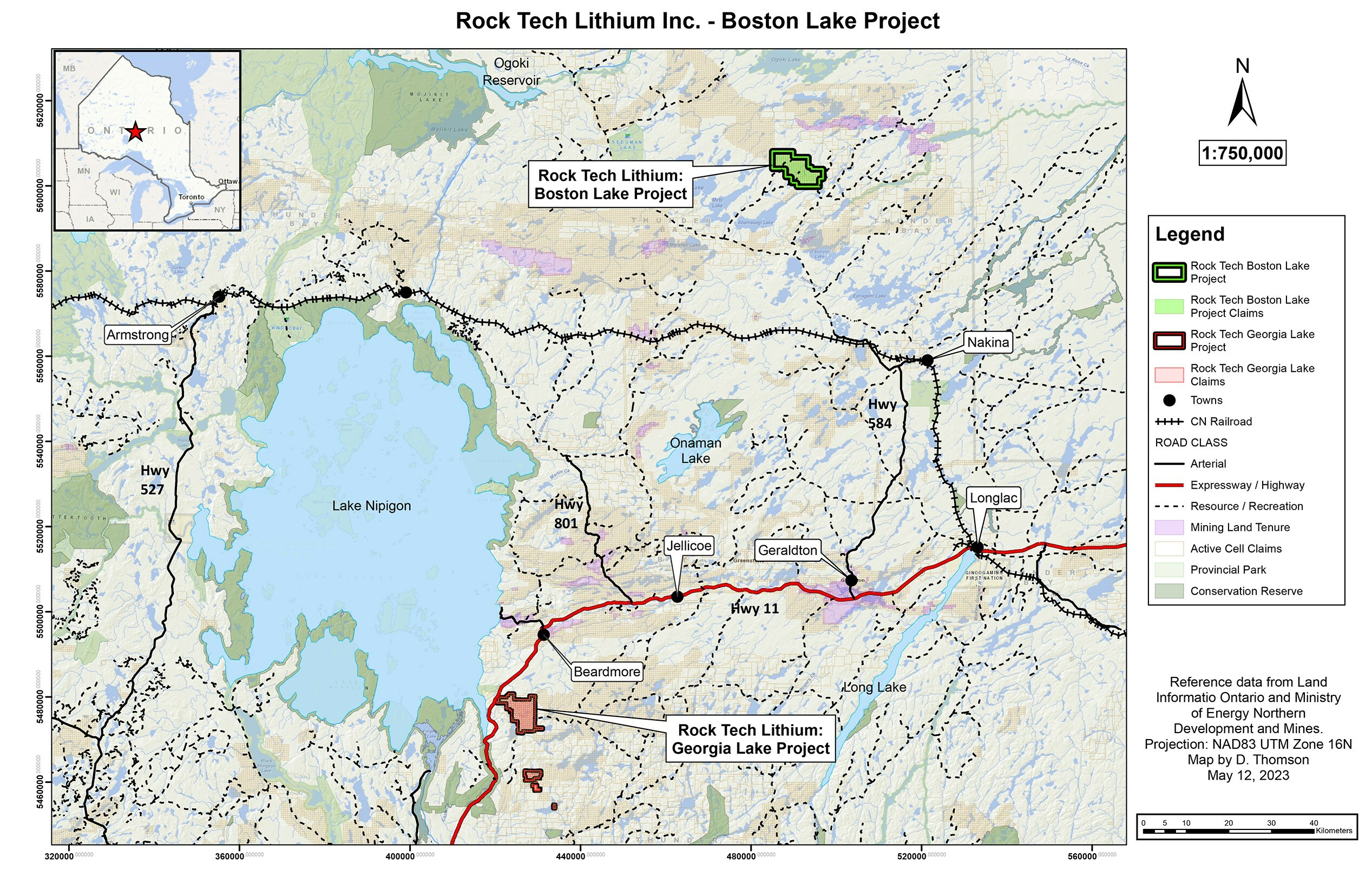 Map shows  Rock Tech’s Georgia Lake Project and the Boston Lake Claims in the Thunder Bay Mining District of Ontario.  Rock Tech Options Additional Property in Thunder Bay Mining District and Appoints Strategic Advisor for Georgia Lake Project (CNW Group/Rock Tech Lithium Inc.)