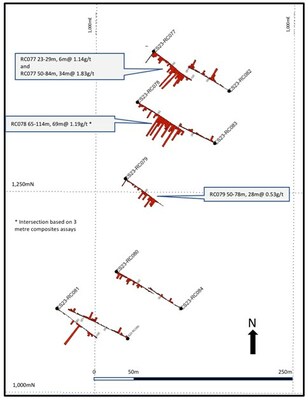 Figure 2 Plan view of drilling at the Sina Yar target showing a downhole gold grade histogram (CNW Group/DFR Gold Inc. (formerly Diamond Fields Resources Inc.))