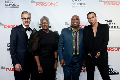 Geoffroy van Raemdonck, CEO of Neiman Marcus Group, Renee White, Provost of The New School, Dwight McBride, President of The New School, Olivier Rousteing, Creative Director of Balmain, at the 74th Annual Parsons Benefit