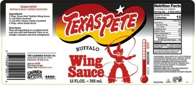 Example label for Texas PeteBuffalo Wing Sauce effected by the recall.