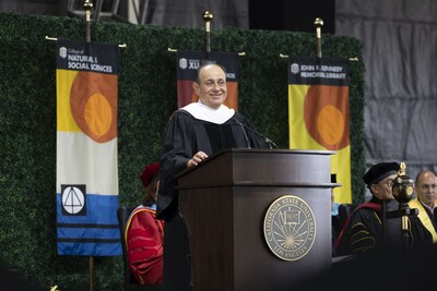Photo: Cal State LA alumnus Guillermo “Willie” Zuñiga speaks to graduates during Commencement 2023 after receiving an honorary doctorate. (Credit: J. Emilio Flores/Cal State LA)