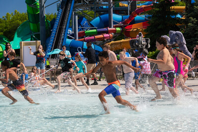 Students from Nehemiah Center, a nonprofit in Sandusky, Ohio that provides after-school programming and mentoring to children, are the first to enjoy Kalahari's new outdoor pool. The 15,000 sq. ft. pool opens at a special event kicking off the summer season Memorial Day weekend, Friday, May 26, 2023 in Sandusky, Ohio. (Kaitlin K Walsh/AP Images for Kalahari Resorts)