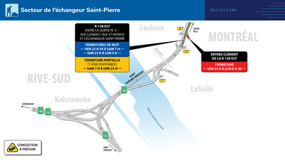Secteur de l’échangeur Saint-Pierre - Entraves majeures du 2 au 5 juin 2023 (Groupe CNW/Ministère des Transports et de la Mobilité durable)