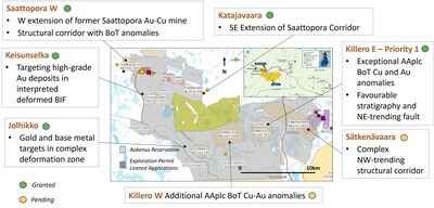 Figure 1. Locations of the five granted exploration permits (Saattopora W, Keisunselka, Jolhikko, Katajavaara, and Killero E) within the Northern Finland Gold-Copper Project. (CNW Group/Capella Minerals Limited)