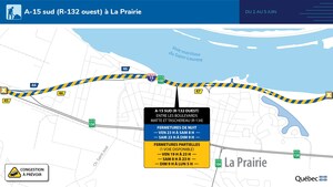 Autoroute 15 à La Prairie : période de travaux intensifs durant la fin de semaine du 2 au 5 juin