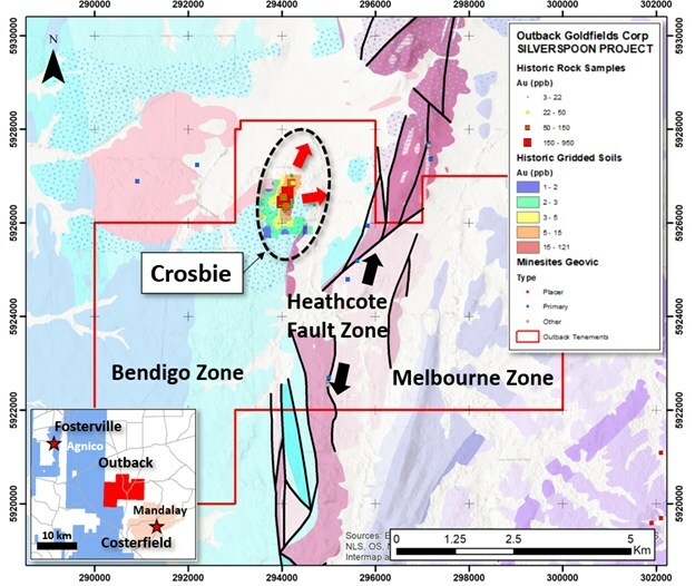 Figure 1. Map of the Silver Spoon Exploration Licence showing the location of the Crosbie gold anomaly. Historic sample data from Motton (2002). (CNW Group/Outback Goldfields Corp.) Figure 1. Map of the Silver Spoon Exploration Licence showing the location of the Crosbie gold anomaly. Historic sample data from Motton (2002). (CNW Group/Outback Goldfields Corp.)