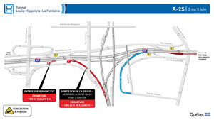 Réfection majeure du tunnel Louis-Hippolyte-La Fontaine - Fermetures de deux bretelles de l'autoroute 25 en direction sud durant la fin de semaine du 2 juin