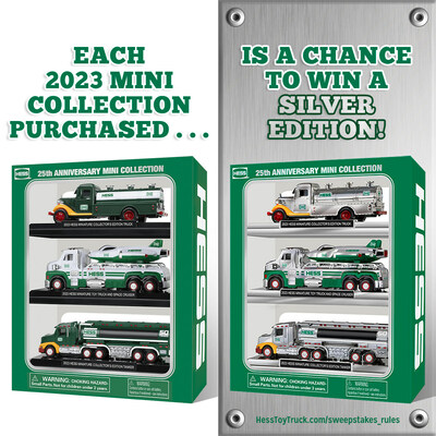 In celebration of the silver anniversary of the Hess Mini Toy Truck series, customers will be entered into the Silver Sweeps – where 25 lucky winners will receive a rare silver-colored version of the Mini Collection.