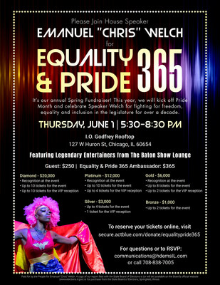 Join House Speaker Emanuel "Chris" Welch at the PRIDE celebration for all Thursday, June 1 from 5:30-8:30 pm on the Godfrey Hotel Rooftop, 127 W Huron St. Chicago, IL 60654. Tickets and sponsorships can be purchased online at DemsforILHouse.com or visit https://secure.actblue.com/donate/equalitypride365. Attendees can also RSVP by emailing communications@hdemsIL.com. This event is closed to the press.