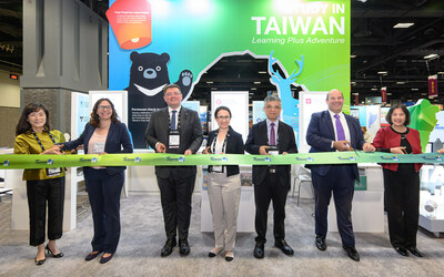 (L-R) The special guests for the opening ceremony of Study in Taiwan Booth include Advisor Huey-Jen Su from FICHET, Laura Rosenberger, Chair of American Institute in Taiwan, Tomasz Rzymkowski, Polish Deputy Minister of Education and Science, Ambassador Bi-Khim Hsiao, Mon-Chi Lio, Political Deputy Minister of the Ministry of Education, Ethan Rosenzweig, US Deputy Assistant Secretary of State, and Nicole Yen-Yi Lee, Director General of DICE, Ministry of Education to grace the ceremony with their presence.