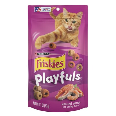 Friskies Playfuls are treats for adult cats and are available in flavors such as “With Real Chicken & Liver” and “With Real Salmon & Shrimp.” (PRNewsfoto/Purina)