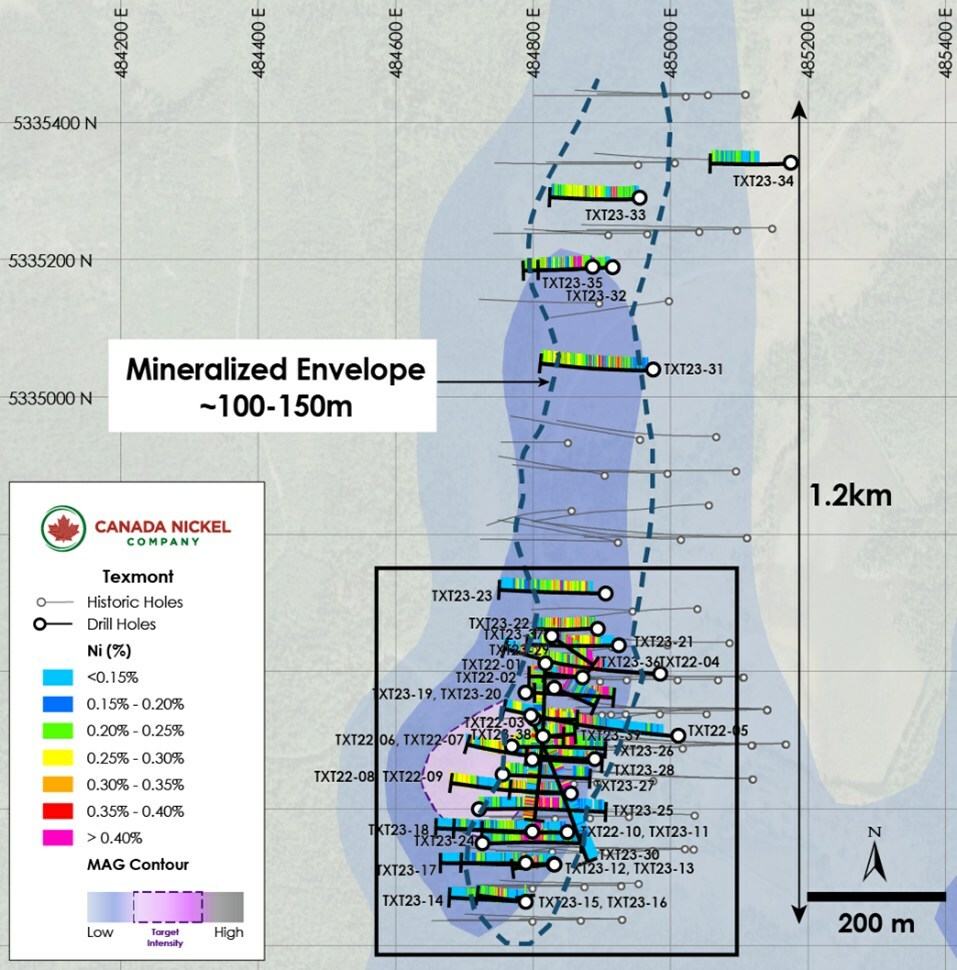 Figure 1 – Plan View of Texmont –Drill results Overlain on TMI (Black rectangle is southern area) (CNW Group/Canada Nickel Company Inc.)