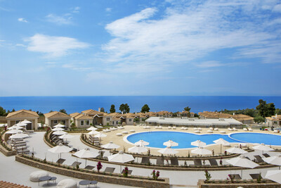 The pools at Ajul Luxury Hotel & Spa Resort provide scenic views of the Aegean Sea.