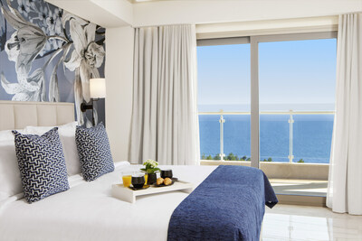 Ajul Luxury Hotel & Spa Resort marks Wyndham’s first Registry Collection hotel in Europe. Pictured is a guest room, offering guests a relaxing sanctuary overlooking the Aegean Sea.