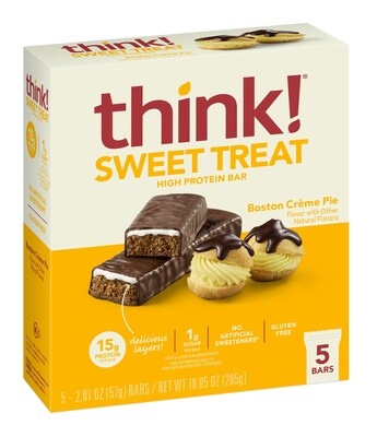 Layered with decadent crème and chocolate for a rich, dessert-inspired flavor, new think! Boston Crème Pie High Protein Bars are a protein-packed, indulgent treat.