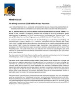 Filo Mining Announces C$100 Million Private Placement (CNW Group/Filo Mining Corp.)