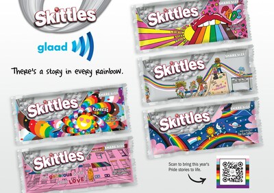 SKITTLESÂ® teams up with Audible, actor and comedian Cameron Esposito, GLAAD, and the five designers of SKITTLES' 2023 Pride packs to support and increase visibility of the LGBTQ+ community by elevating LGBTQ+ stories. QR codes on each SKITTLES Pride pack will direct fans to a free collection of LGBTQ+ stories on Audible, special edition Pride episodes of Cameron Esposito's QUEERY podcast, and other meaningful stories of Pride.