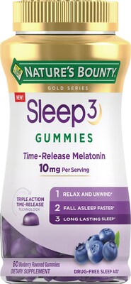 The new Nature's Bounty® Sleep3 Gummies feature L-theanine, quick release melatonin, and time release melatonin in a convenient gummy format. This innovative product helps prepare the body for a good night’s sleep and promotes long-lasting sleep for adults experiencing occasional sleeplessness.*