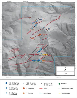Figure 1: Map of the Santas Gloria Property showing planned drill pads, hole traces and channel sampling results. (CNW Group/Mantaro Precious Metals Corp.)