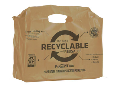 The ProWAVE tote boasts folded handles and a sturdy
double-ply top, ensuring that the bag remains open for easy loading.
The flat bottom design allows for efficient packing of larger grocery
or retail products. Businesses can now choose a ProWAVE Tote that
features a 2.25-mil gauge film that's manufactured with a minimum of 40% post-consumer recycled material. Businesses also can now opt for a ProWAVE Tote made with 1.7-mil gauge film.