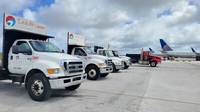DeWitt Guam fleet of vehicles waiting for air freight to arrive. The team will deploy items throughout the island and also support loading and transportation to Rota.