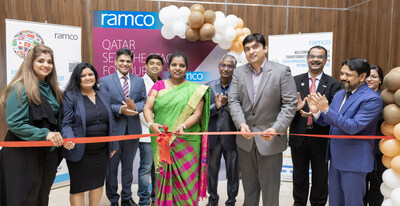 Her Excellency, Mrs. Angeline Premalatha, Embassy of India (C) along with Rohan Raghunath (R), Regional Head - Middle East & Africa and the Ramco Systems team, at the inauguration of Ramco’s new office in Doha, Qatar