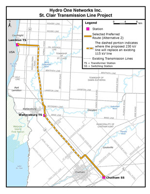 Hydro One’s preferred route 2 for the new St. Clair high-voltage transmission line will run between Hydro One’s Lambton Transformer Station, located in St. Clair Township and Chatham Switching Station, located in the Municipality of Chatham-Kent. (CNW Group/Hydro One Inc.)
