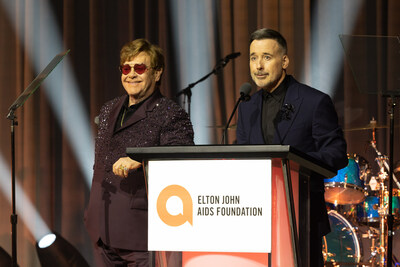 Elton John and David Furnish hosting the 2023 Academy Awards Viewing Party. Courtesy of Michael Blanchard.