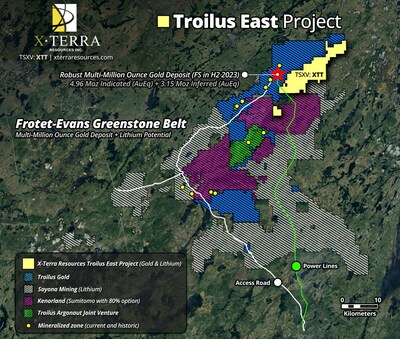 Troilus East Project & Surrounding Area – Frotet-Evans Greenstone Belt.   *Map claim information generated from: https://gestim.mines.gouv.qc.ca/. Troilus Gold resource information generated from: https://www.troilusgold.com/troilus-gold-project/#geology-and-mineral-resources (CNW Group/X-Terra Resources Inc.)