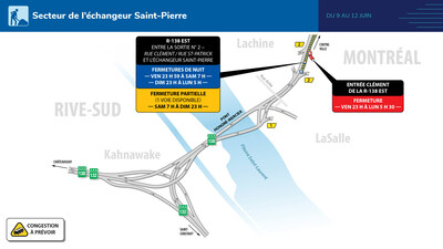 1 - Secteur de l'changeur Saint-Pierre - Entraves majeures du 9 au 12 juin 2023 (Groupe CNW/Ministre des Transports et de la Mobilit durable)