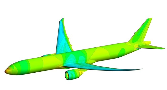 Using Ansys CFX, Lufthansa Technik created a CFD model of the Boeing 777-300ER including realistic wing shape. This helped determine the pressure distribution and corresponding forces and moments which act on the aircraft.