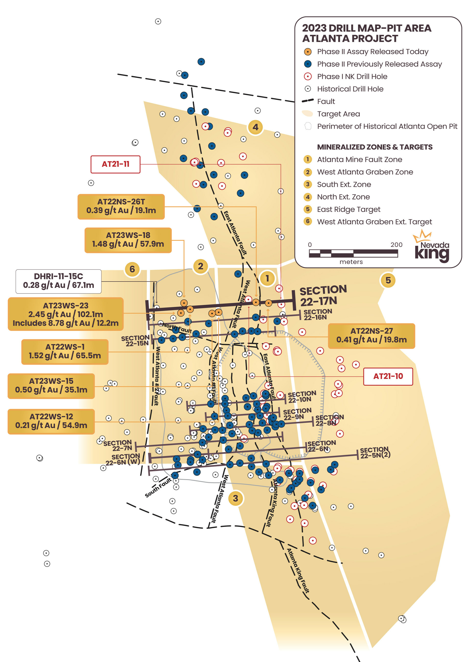 Figure 1. Location map for the hole reported in this news release along drill Section22-17N relative to the perimeter of the historical Atlanta Pit. Shallow drillholes on the mine dumps have been removed from the plot for clarity. (CNW Group/Nevada King Gold Corp.) Figure 1. Location map for the hole reported in this news release along drill Section22-17N relative to the perimeter of the historical Atlanta Pit. Shallow drillholes on the mine dumps have been removed from the plot for clarity. (CNW Group/Nevada King Gold Corp.)