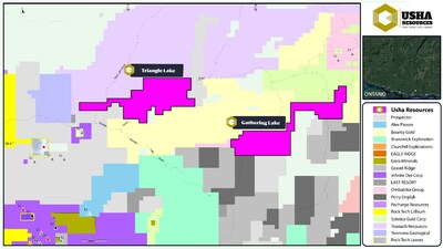 Figure 1 - The Triangle and Gathering Lake Projects comprise 8,938 hectares within the prolific Georgia Lake pegmatite field, east of Rock Tech Lithium’s Georgia Lake Deposit, which hosts a 10.6 Mt indicated resource at 0.88% Li2O and 4.22 Mt inferred resource at 1.04% Li2O, and Imagine Lithium’s Jackpot Discovery which has identified 25.5 metres at 1.21% Li2O. Lithium occurrences in this field run along a primary fault which runs through Triangle Lake and is adjacent to Gathering Lake, suggesting that the mapped pegmatites on these properties may be highly fractionated LCT-pegmatites that bear spodumene. (CNW Group/Usha Resources Ltd.)