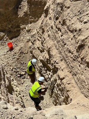 ABTC team collecting large-scale samples of its lithium bearing claystone material for processing.
