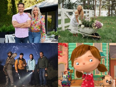 Clockwise: Scott McGillivray and Debra Salmoni, Scott’s Vacation House Rule; Pamela Anderson, Pamela’s Garden of Eden; Kru Williams, Adam Palmer, Taylor Starr, and Don Froese, Deadman’s Curse; Millie Magnificent.  
Images courtesy of Corus Entertainment. (CNW Group/Corus Entertainment Inc.)