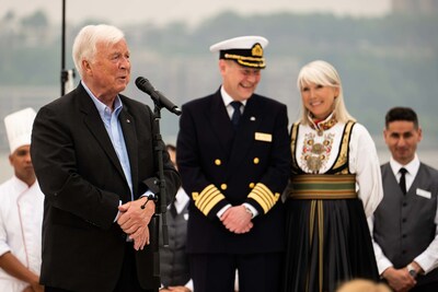 Viking Chairman Torstein Hagen (left), captain of the Viking Saturn (middle), and Viking Executive Vice President Karine Hagen (right), on board the Viking Saturn during the ship’s naming ceremony on June 6 in New York Harbor. For more information, visit www.viking.com.