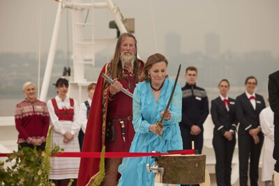 During the naming ceremony of the Viking Saturn, the ship’s ceremonial godmother, Ann Ziff, used the steel sword from the Metropolitan Opera’s production of Verdi’s Il Trovatore to cut a ribbon that allowed a bottle of Norwegian aquavit to break on the ship’s hull. For more information, visit www.viking.com.