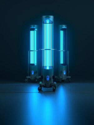 Surfacide Helios system is the only patented, low-level UV-C disinfection solution to use a trio of light emitting 'robots' simultaneously, significantly reducing bacteria and virus on colonized surfaces